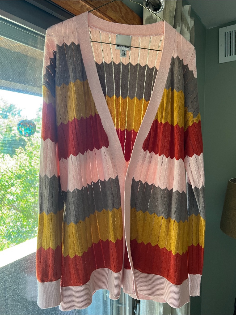 Striped Open-Front Knit Cardigan in Light Pink and Multicolor